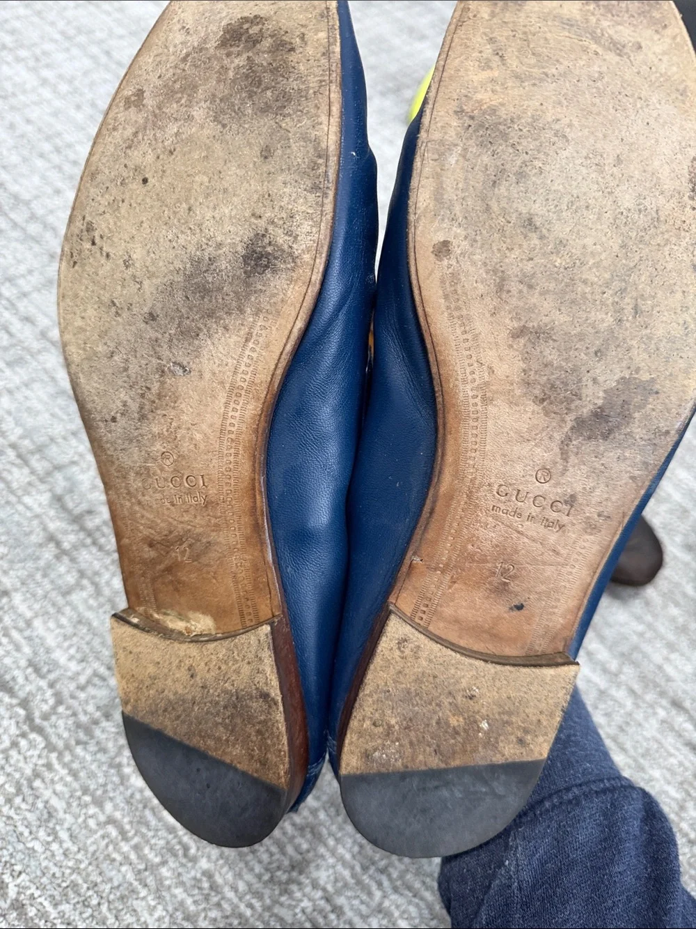 Gucci Navy Leather Slip-On Loafers with Gold Horsebit and Red/Green Webbing
